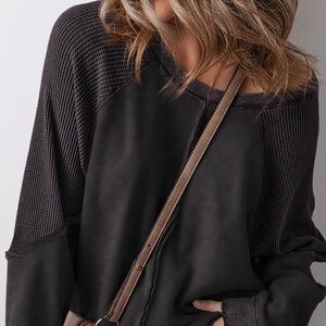 B195 Black Solid Waffle Knit Patchwork Raglan Sleeve Sweatshirt